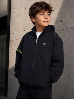 Lacoste Black Hooded Windbreaker with Neon Green Logo Accent Size 12